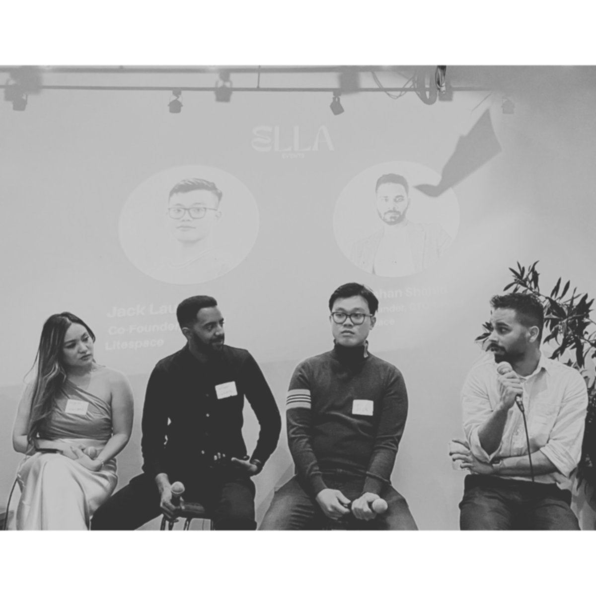 Panel discussion with Angella and Abrham, co-founders of Ella Events, as moderators and Jack and Zeeshan, co-founders of Litespace, as guests.